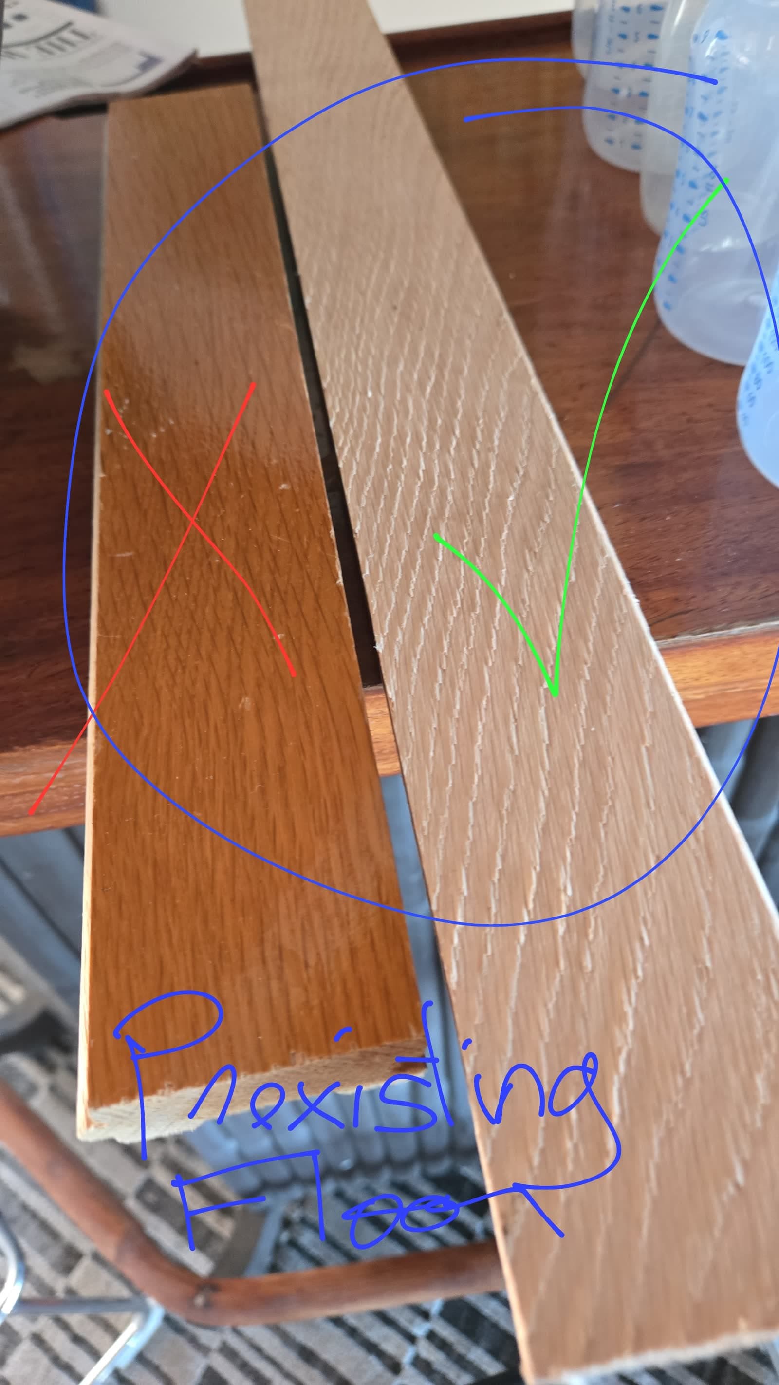 Sep 21: original white oak (green check) next to installed red oak (red X).