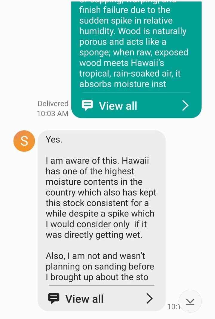 August 13, 2026. The family warns the contractor in writing about humidity and acclimation. He replies: “Yes. I am aware of this.”