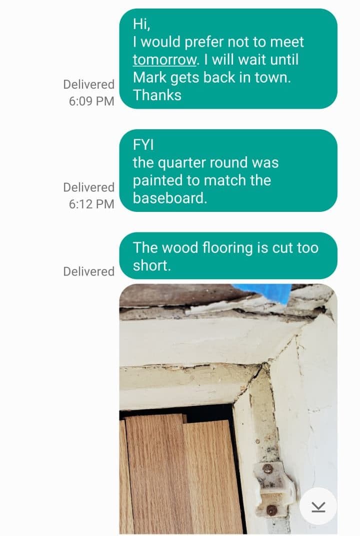 August 20, 2026. “The wood flooring is cut too short,” with the photograph.